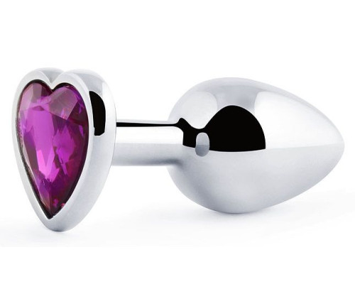 Серебристая анальная пробка с фиолетовым кристаллом-сердечком - 8 см.