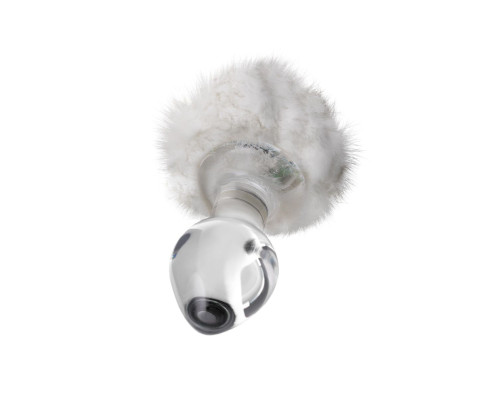 Стеклянная анальная втулка с белым хвостиком - 14 см.