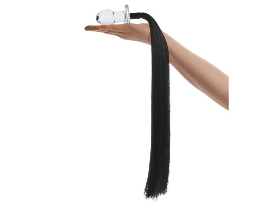 Стеклянная анальная пробка с черным конским хвостом