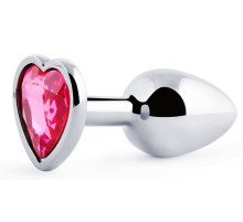 Серебристая анальная пробка с розовым кристаллом-сердечком - 7 см.