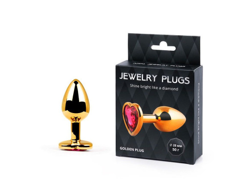 Золотистая анальная пробка с малиновым кристаллом-сердечком - 7 см.