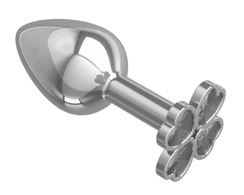 Серебристая анальная втулка с клевером из прозрачных кристаллов - 7 см.