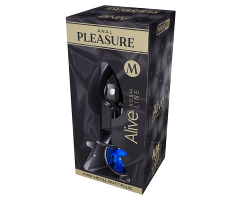 Серебристая анальная втулка с синим кристаллом Mini Metal Butt Plug Size M - 8 см.