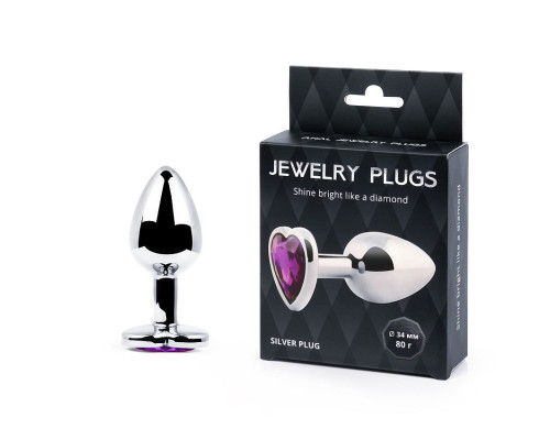 Серебристая анальная пробка с фиолетовым кристаллом-сердечком - 8 см.
