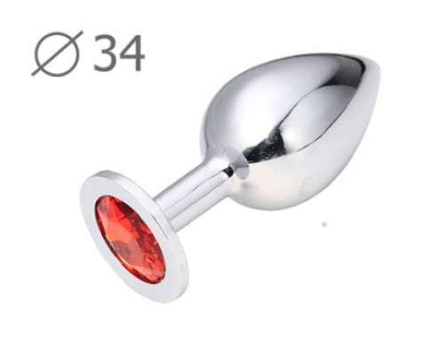 Коническая серебристая анальная втулка с красным кристаллом - 8,2 см.