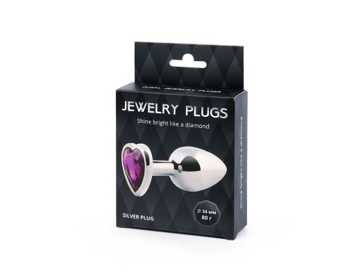 Серебристая анальная пробка с фиолетовым кристаллом-сердечком - 8 см.