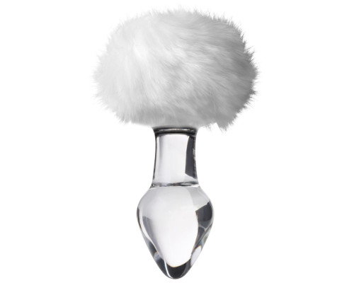 Стеклянная анальная втулка с белым хвостиком - 14 см.