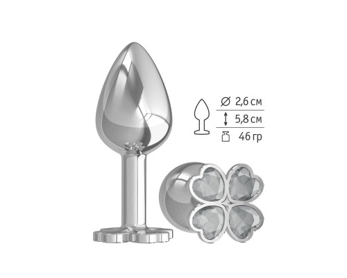 Серебристая анальная втулка с клевером из прозрачных кристаллов - 7 см.