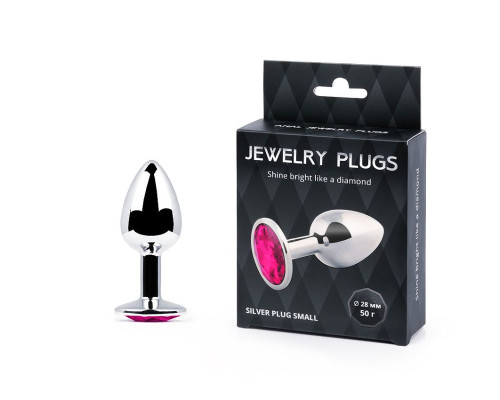 Серебристая анальная пробка с малиновым кристаллом - 7,2 см.