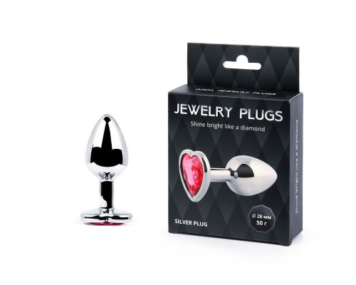 Серебристая анальная пробка с малиновым кристаллом-сердечком - 7 см.
