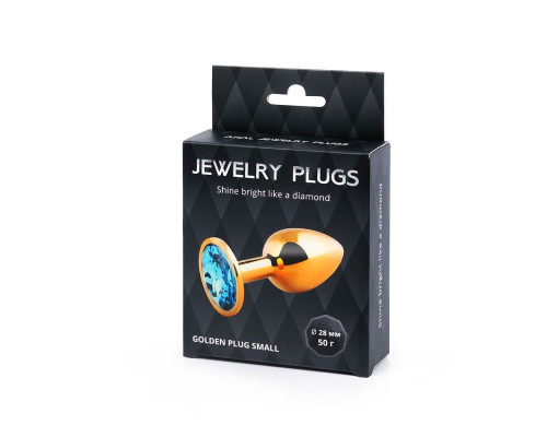 Золотистая анальная пробка с голубым стразом - 7,2 см.