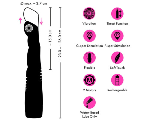 Черный вибратор с поступательными движениями G and P-Spot Thrusting Vibrator - 23 см.