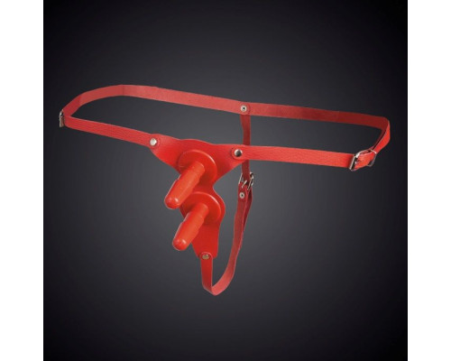 Красные кожаные универсальные трусики с двумя  штырьками для насадок