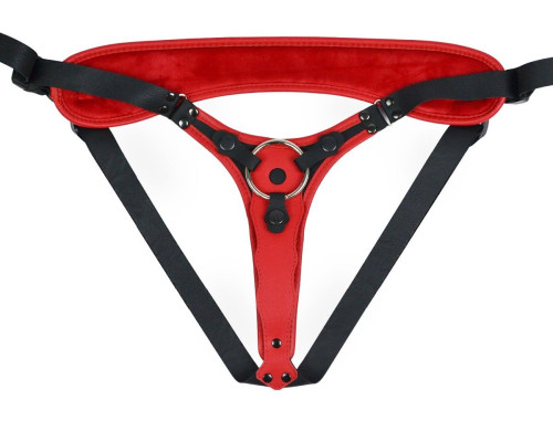 Красно-черный женский пояс с 2 способами крепления насадок и вагинальной пробкой