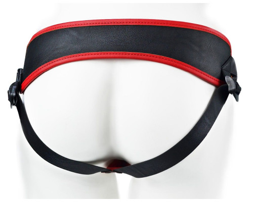 Красно-черный женский пояс с 2 способами крепления насадок и вагинальной пробкой