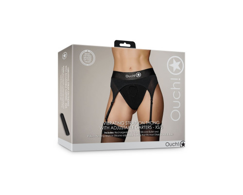 Черные трусики-пояс для страпона с вибропулей - размер XS-S