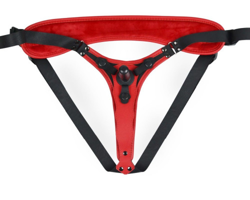 Красно-черный женский пояс с 2 способами крепления насадок и вагинальной пробкой