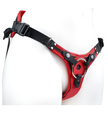 Красно-черный женский пояс с 2 способами крепления насадок и вагинальной пробкой