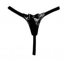 Черные лаковые трусики-стринги с бантиком