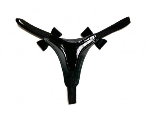 Черные лаковые трусики-стринги с бантиками