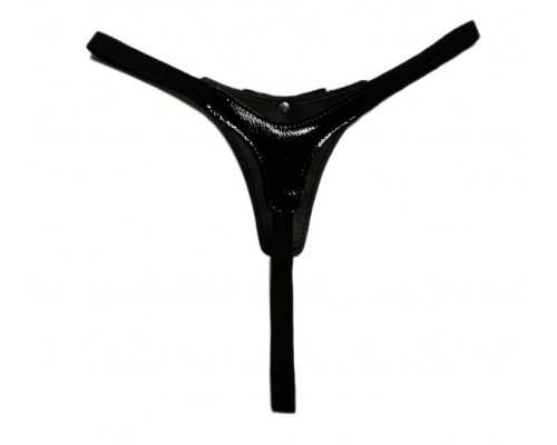 Черные лаковые трусики-стринги с бантиком