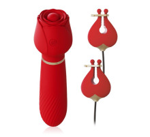 Красный вибромассажёр с зажимами для сосков - 16 см.