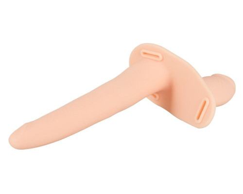 Телесный двойной вибрострапон с вибрацией Vibrating Double Strap-On - 15 см.