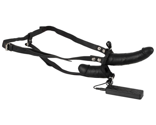 Чёрный вибрострапон с вагинальной пробкой Double Thruster - 17 см.