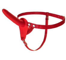 Красный страпон на ремнях с вагинальной пробкой - 15 см.
