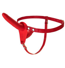 Красный страпон на ремнях с вагинальной пробкой - 15 см.