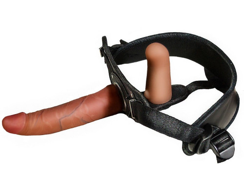 Женский страпон с вагинальной пробкой из неоскина - 18 см.