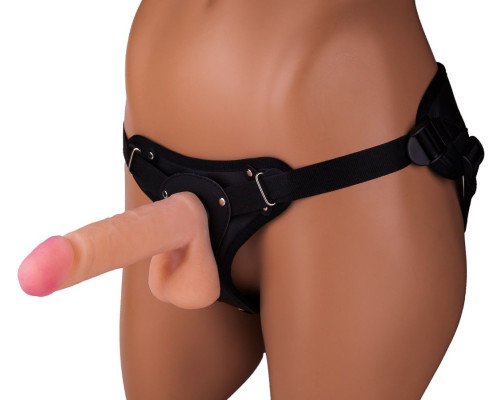 Женский страпон с реалистичной насадкой и вагинальной пробкой - 16 см.