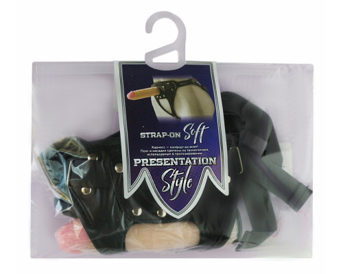 Черный пояс-трусики с двумя телесными насадками Soft-Dolli - 15,7 и 10 см.