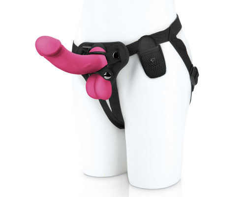 Розовый вибратор-реалистик на трусиках с кольцом - 17,8 см.