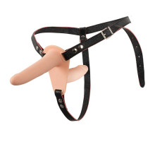 Телесный двойной вибрострапон с вибрацией Vibrating Double Strap-On - 15 см.