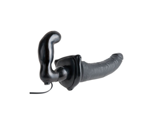 Черный страпон с вагинальной пробкой Deluxe Vibrating Penetrix Strap-On - 19 см.