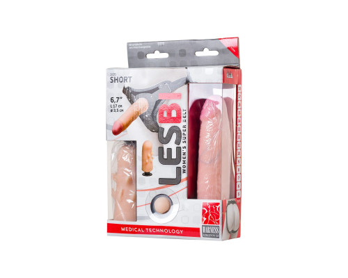 Телесный поясной страпон LESBI с вагинальной пробкой - 17 см.