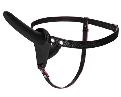 Черный страпон на ремнях с вагинальной пробкой - 15 см.