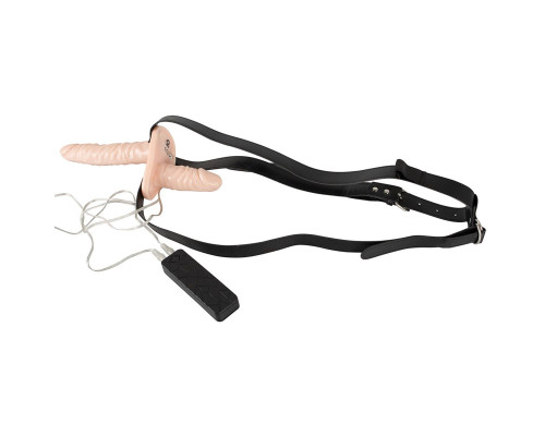 Телесный женский страпон с вагинальной пробкой Strap-On Duo - 15 см.